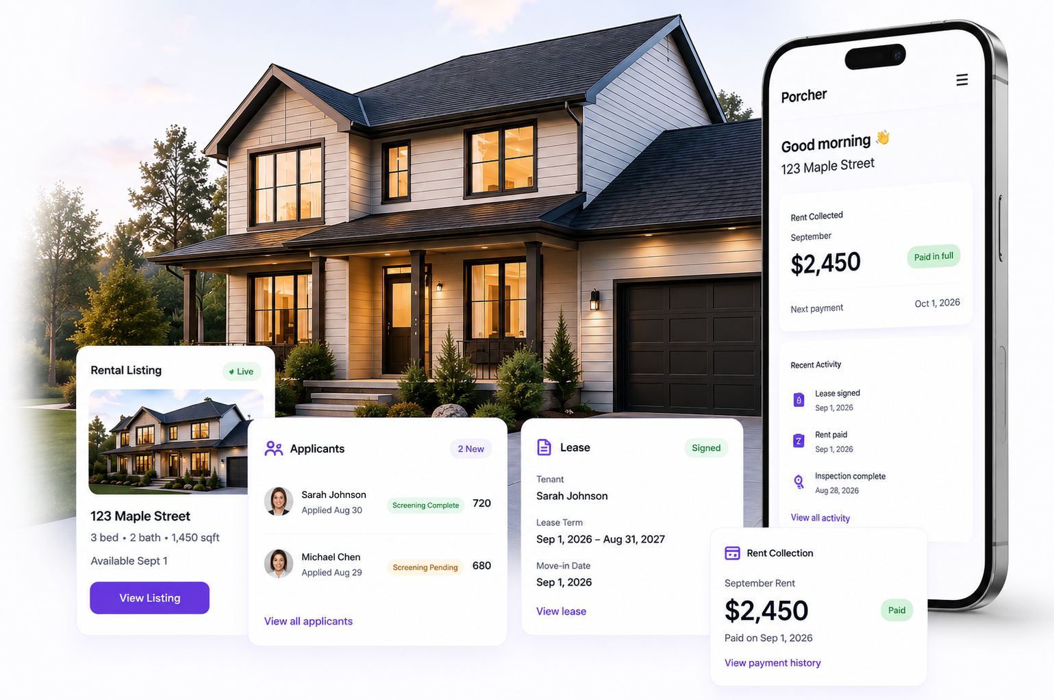 A tenant application, screening report, and rent payment shown on desktop and mobile